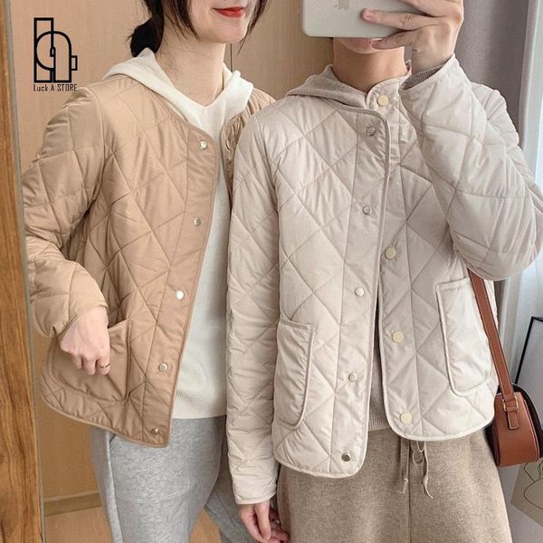 

leather allmatch rhombus pattern collarless short winter coat women loose 2021 spring autumn new cotton jacket abrigo mujer, Black