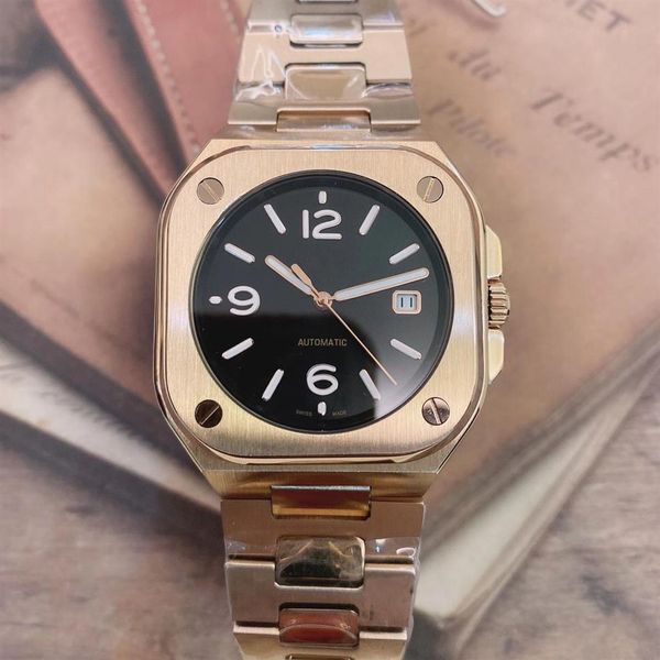 

rose gold automatic mechanical mens watches watch black dial with stainless steel bracelet 904l br 05 date squar case limited304h, Slivery;brown