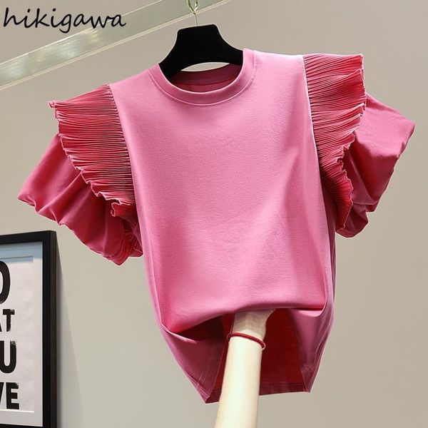 

t-shirt hikigawa woman tshirts 2022 summer clothing shirts for women patchwork puff sleeve oneck tees korean casual sweet tshirt, White