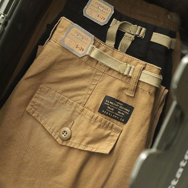 

pants autumn new military retro woven twill tooling pants men's ami khaki pure cotton washed old multi pocket loose straight trousers, Black