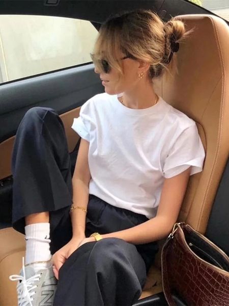 

women's t-shirt 100% cotton solid basic t summer casual loose tee oversized o neck female 230422, White