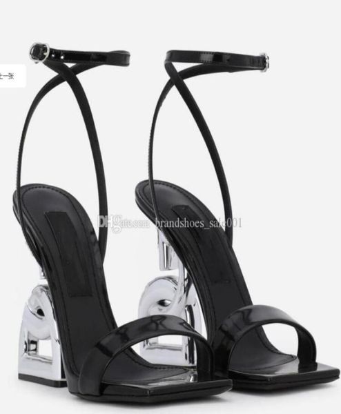 

summer luxury brands patent leather sandals shoes pop heel silverplated carbon black white pumps gladiator sandalias with box5803503