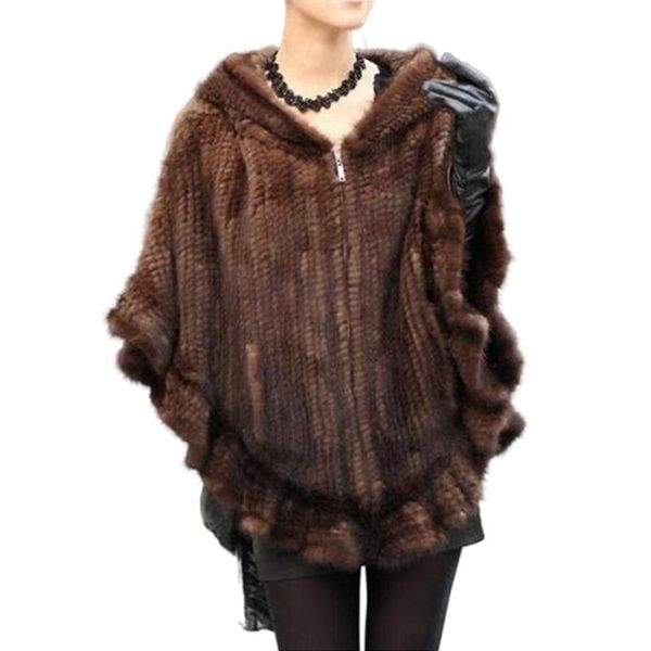 

fur mink fur hand knitted women's real fur coats hooded natural fur jackets ponchos and capes black/brown da68