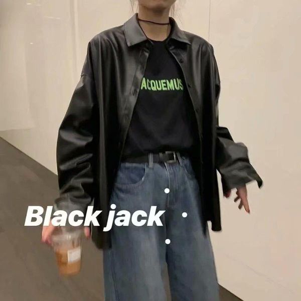 

jackets new women oversized pu leather blouses 2021 spring autumn black faux leather basic coat turndown collar motor biker jacket, Black;brown