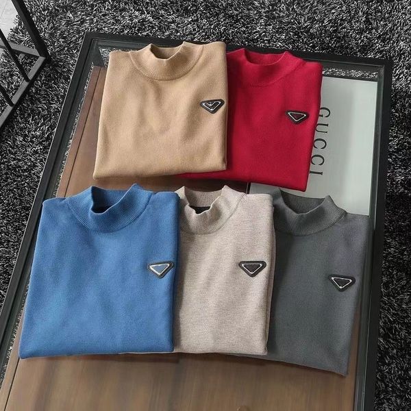 

autumn winter men hoodies knitted neck sweater contrast color iconic triangle towel embroidery, Black