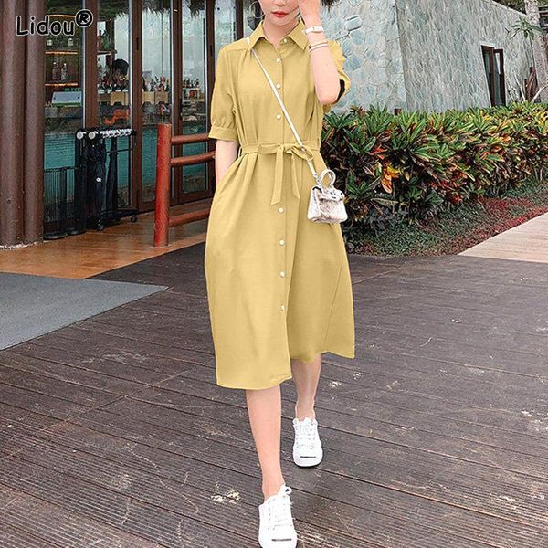 

dresses comfortable sweet turndown collar summer thin short sleeve button solid loose fashion casual knee skirts women's clothing 2023, Black;gray