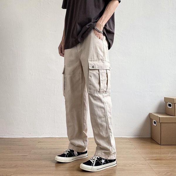 

pants summer cargo pants men fashion retro pocket casual pants mens japanese streetwear loose hip hop straight pants mens trousers, Black