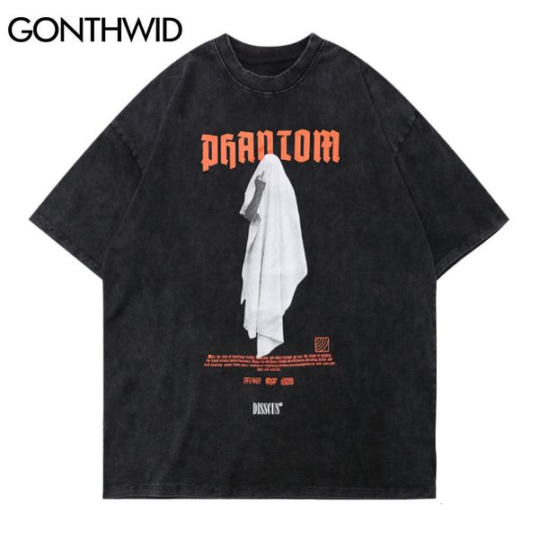 

men s t shirts gonthwid tshirts hip hop distressed middle finger ghost streetwear tees shirts harajuku hipster casual cotton short sleeve 2, White;black