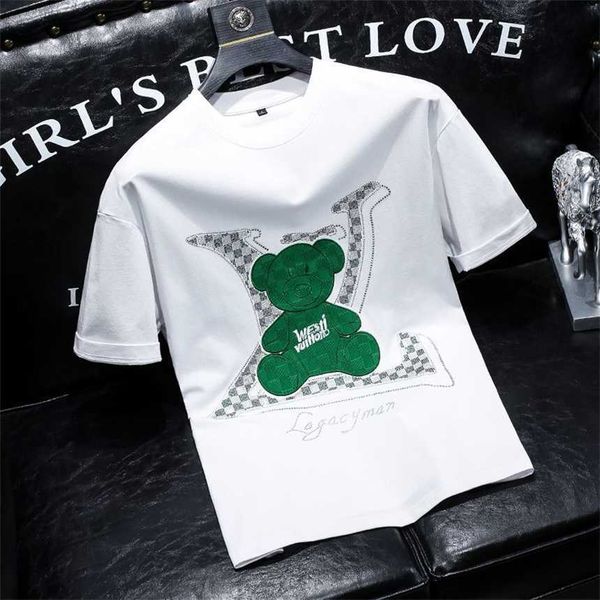 

30% off pure cotton short sleeved men's trendy cartoon bear ins fashion new summer diamond printed men's t-shirt, White;black