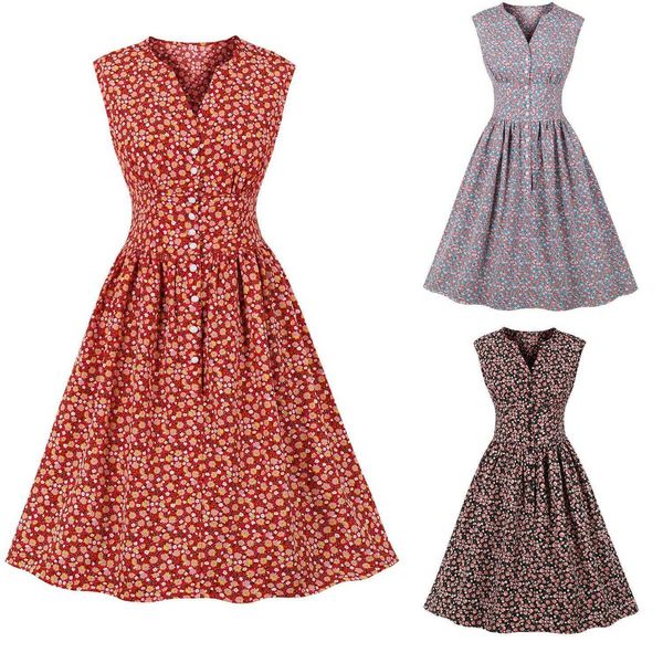 

womens elegant floral sleeveless casual dresses v neck large swing dress 3180, Black;gray