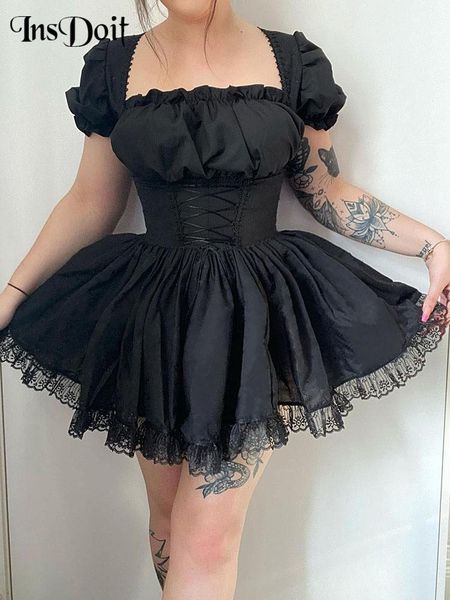 

dresses insdoit gothic black corset dress women harajuku vintage lace aesthetic lace up high waist mini dress punk elegant a line dress, Black;gray