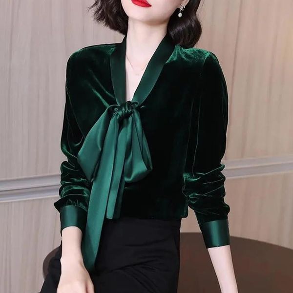 

shirts rimocy 2022 spring autumn velvet blouse women elegant stain lace up bow shirts for woman solid color loose office shirts ladies, White