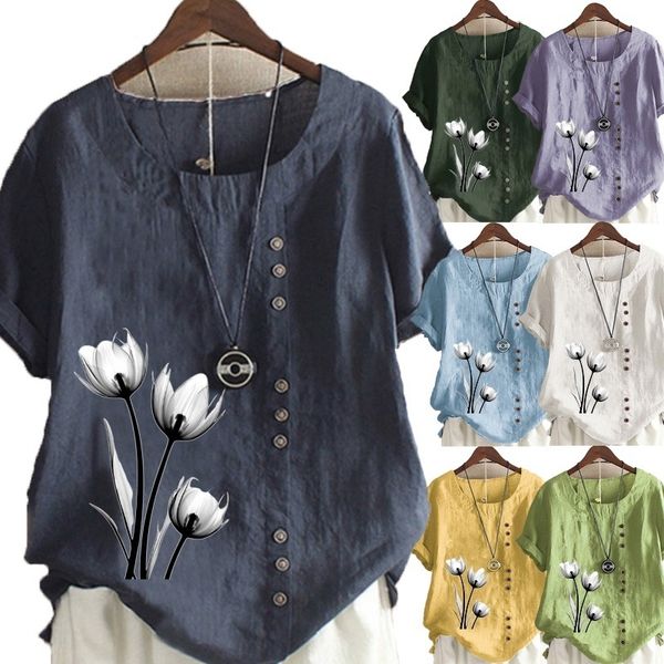 

women's blouses shirts women's summer fashion casual linen shirt round neck printing t-shirt short sleeve loose blouse s-5xl 2304, White