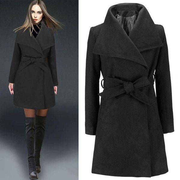 

fur elegant women winter warm wool overcoat long bandage slim wool blends coat cardigan loose solid blends coat outwear, Black