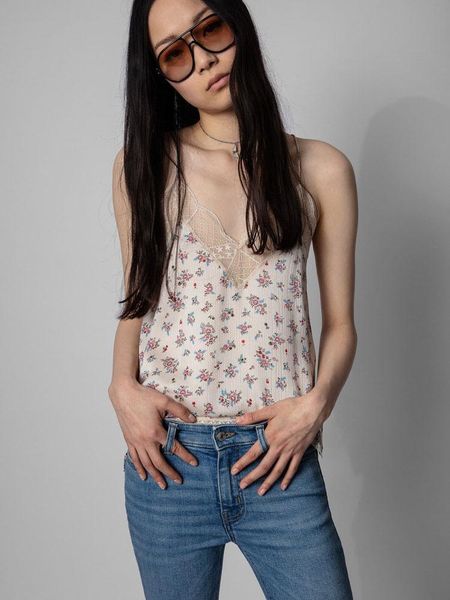 

t-shirt women silk sling french tuning delicate lace joker single soft sand washed sling, White