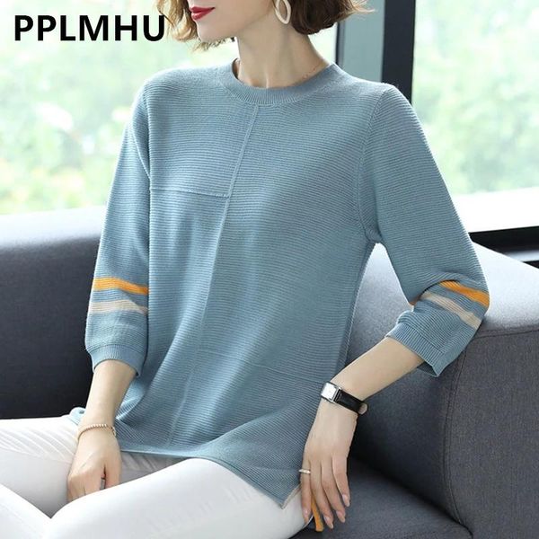 

t-shirt fashion oneck striped knitted pullovers women three quarter sleeve knitwear tshirt casual loose spring knitted female, White