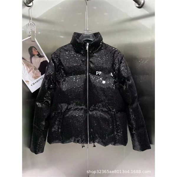 

34% off autumn/winter new heavy industry sequin zipper stand up collar cotton coat front and rear printed sleeves removable two wear design, Black
