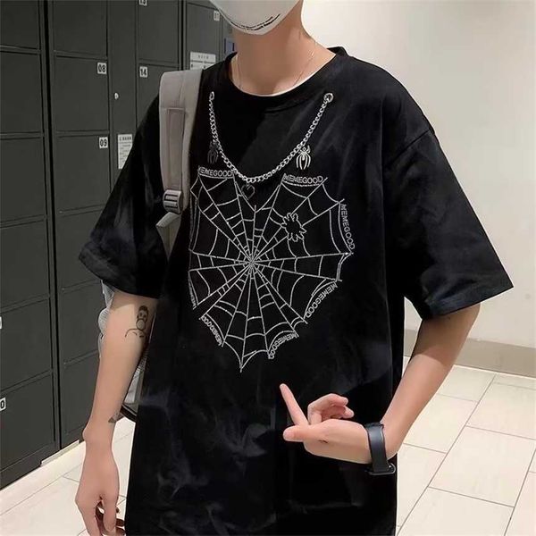 

30% off short sleeved men's trendy ins hip-hop fried with necklace style niche loose street t-shirt summer, White;black