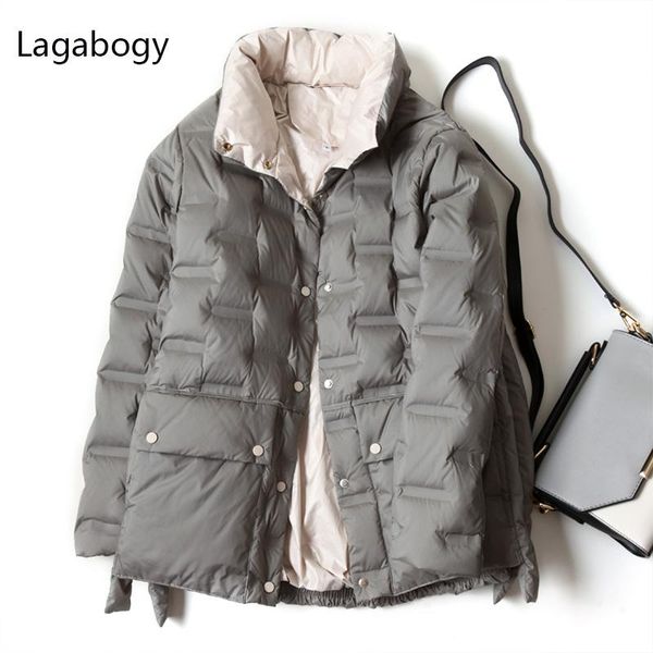 

parkas lagabogy 2022 new winter jacket women light 90% white duck down coat female soild short warm parkas stand collar feather outwear, Black