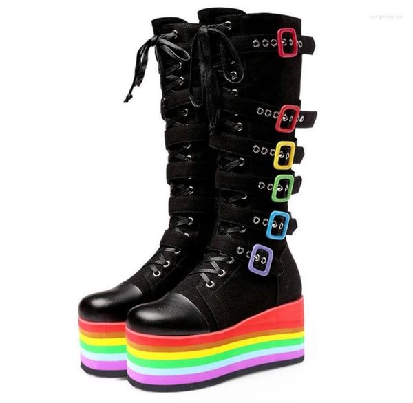 

boots fashion spring autumn knee high rainbow wedges chunky platform comfy walking gothic style women shoes 20221101060, Black