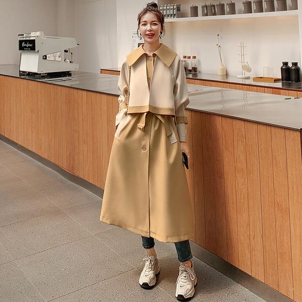 

fur women's trench coat long color matching fake twopiece 2021 spring autumn singlebreasted korean loose fashion windbreaker ck8, Black
