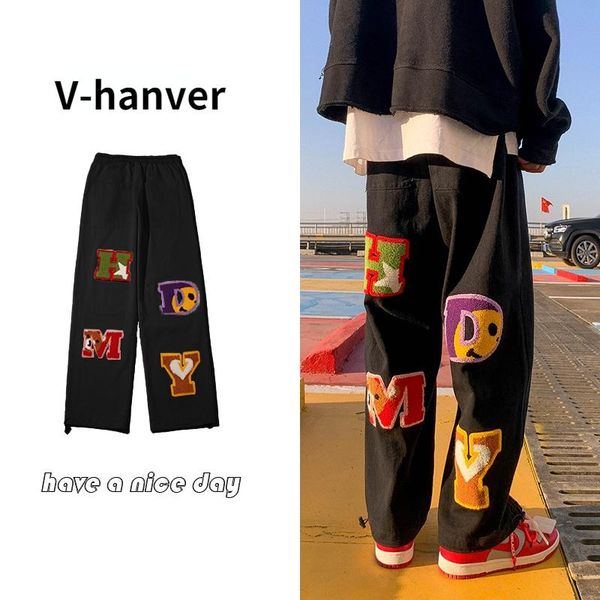 

pants retro pocket letter embroidery straight cargo pants men and women oversize trousers harajuku streetwear casual pants, Black