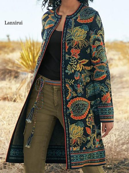 

fur new women's coat vintage printed fashion long woman winter coats and jackets, Black