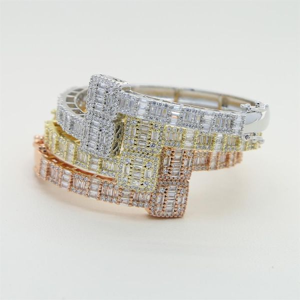 

new hip hop gold silver color opened square zircon charm bracelet iced out bling baguette cz bangle for men women luxury jewelry281d, Golden;silver