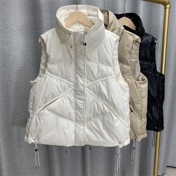 

parkas 2022 winter women's stand collar solid color sleeveless causal warm vest stand collar loose chic white duck down coat, Black