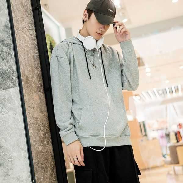 

autumn casual fashion solid color mens hoodies loose long sleeved clothes without printing three s various styles 3md4o, Black