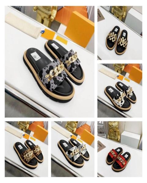 

2022 waterfront mule slippers horsehair chain sandals serrated outsole red gold silver multicolor outdoor beach party7474231, Black