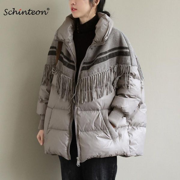 

parkas 2021 schinteon women down jacket over size coat loose warm autumn winter casual outwear patchwork tassel wool, Black