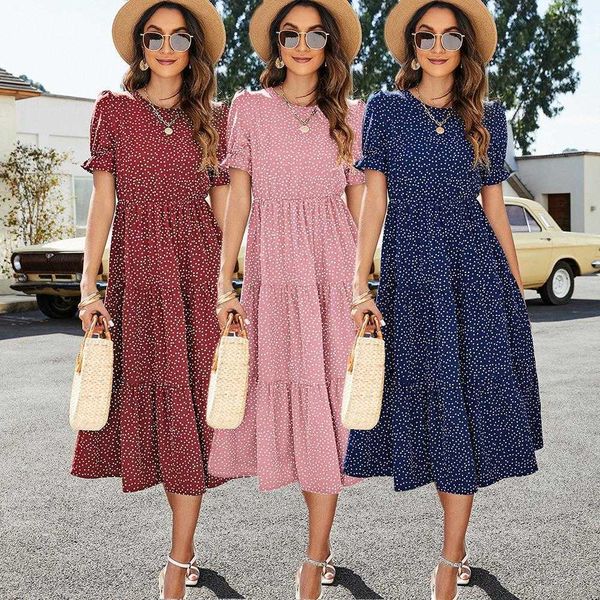 

womens summer dress polka dot printed short sleeve puff casual, Black;gray