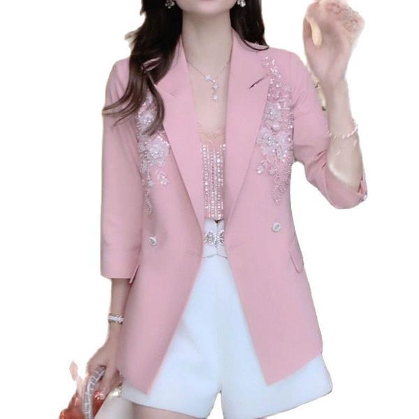

pants embroidery threedimensional carved hand made female suit jacket summer temperament three quarter sleeves elegant women's blazer, White