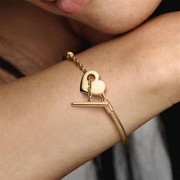 

gold color moments heart t-bar snake chain bracelets 925 sterling silver bracelets women charm beads sets for pandora with logo al307w, Golden;silver