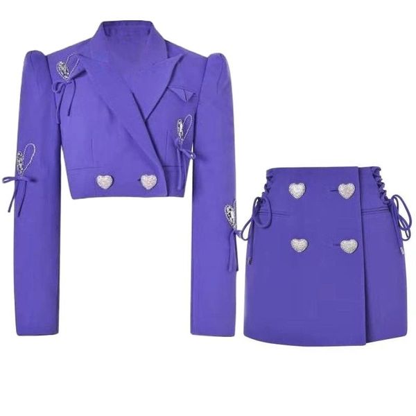 

pants women set skirt blazer purple 2021 autumn winter new heart shaped diamond button beaded bow short jacket + skirt two pcs suit, White
