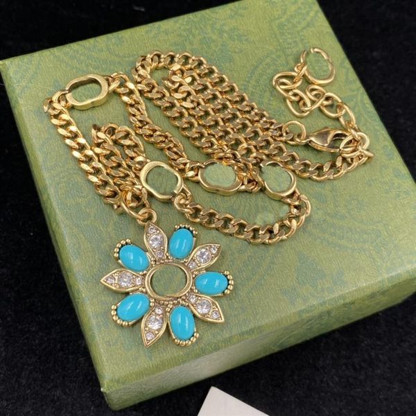 

blue flower shape rhinestone pendant necklaces antique bronze chain luxury necklace fashion brand designer for woman girl ladies w211g, Silver
