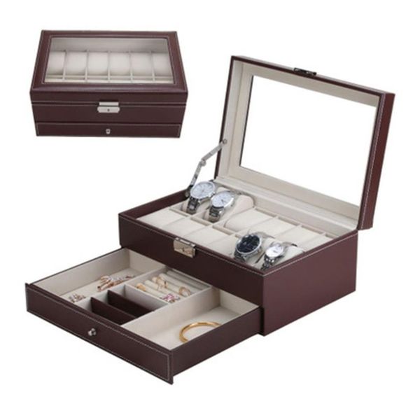 

12 grids slots professional watches storage box double layers pu leather watch case organizer box holder black brown color3078, Black;blue
