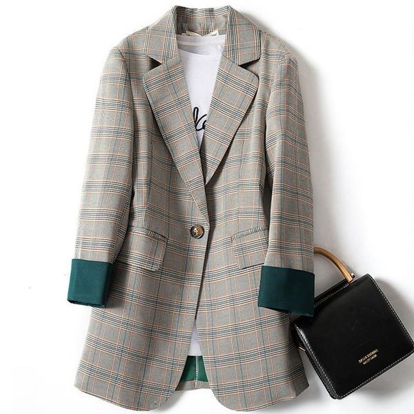 

pants size xl6xl women's plaid suit jacket spring new wild loose blazer women's clothing, White
