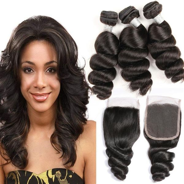 

brazilian virgin hair extensions 3 bundles with 4x4 lace closure 4 pieces lot loose wave curly human hair wefts with closure middl344e, Black;brown