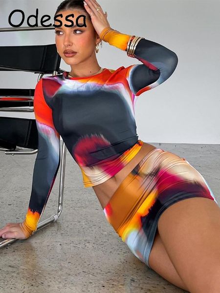

dress odessa tie dye skirts two piece set women 2022 fall long sleeve crop and low waits skinny skirt suits female outfits club, White