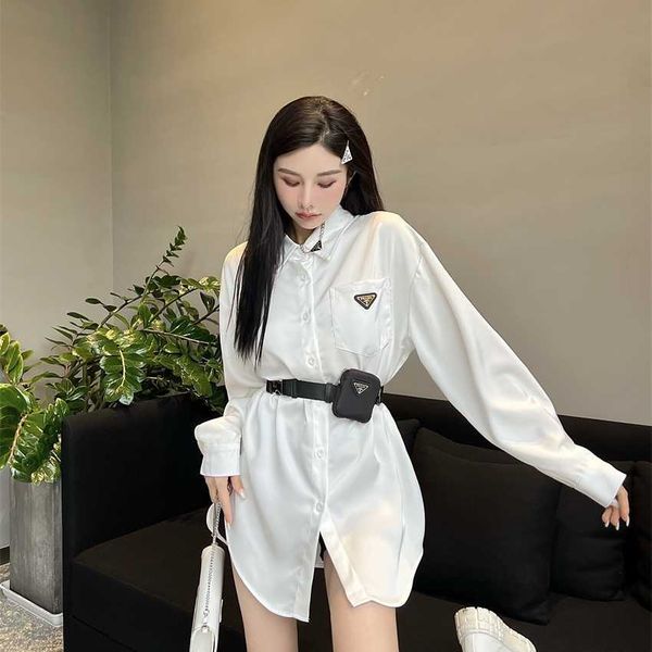 

family spring/summer new fashion classic triangle casual loose versatile thin shirt (with waistpack), White