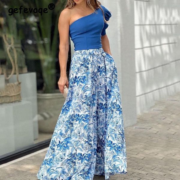 

dress summer off shoulder crop elegant vintage print loose party club maxi skirt office ladies two piece sets women outifits, White
