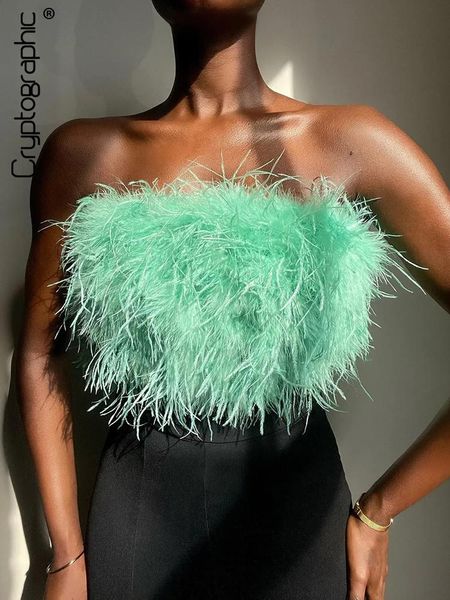 

tanks cryptographic fluffy fur strapless crop for women fairy grunge sleeveless backless cropped tube club party clothes, Black;white