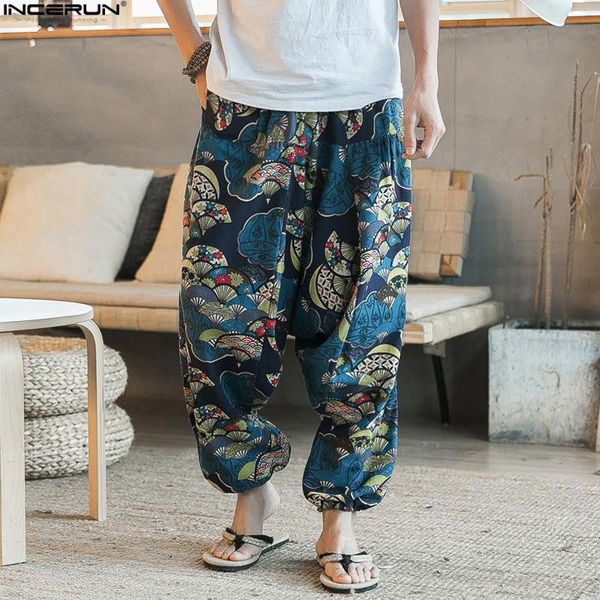 

pants ethnic retro men's crosspants wide leg linen harem pants men elastic waist loose print hiphop pants man joggers crotch trousers, Black