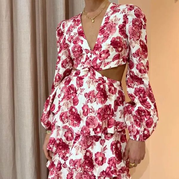 

linen blend 2022 autumn new arrivals twist cut out casual loose v neck dress hollow maxi long sleeve womens dresses, Black;gray