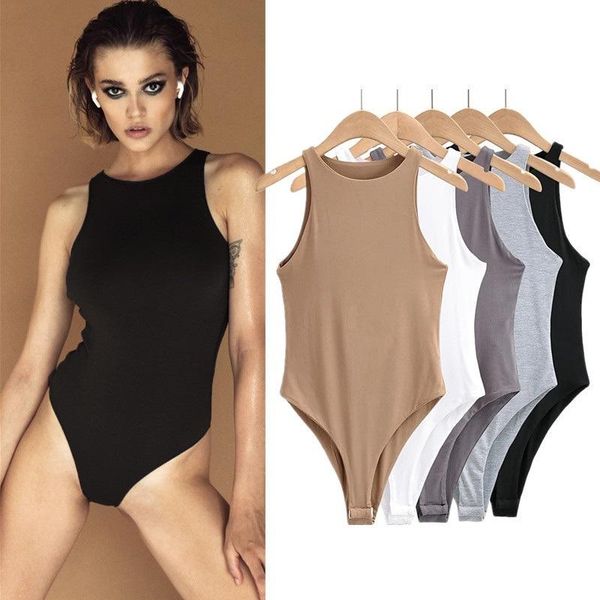 

t-shirt new women's clothes solid color sleeveless round neck high fork onepiece clothes fashion thin tight bottomed onepiece vest, White