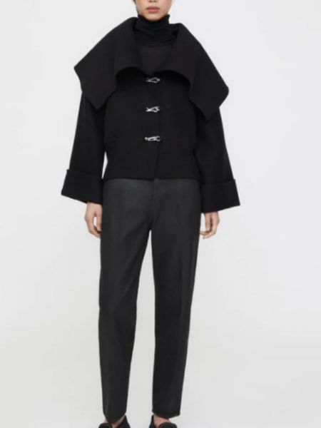 

fur 2022 autumn winter new cape collar wool lamb coat loose widesleeved doublesided woolen coat, Black