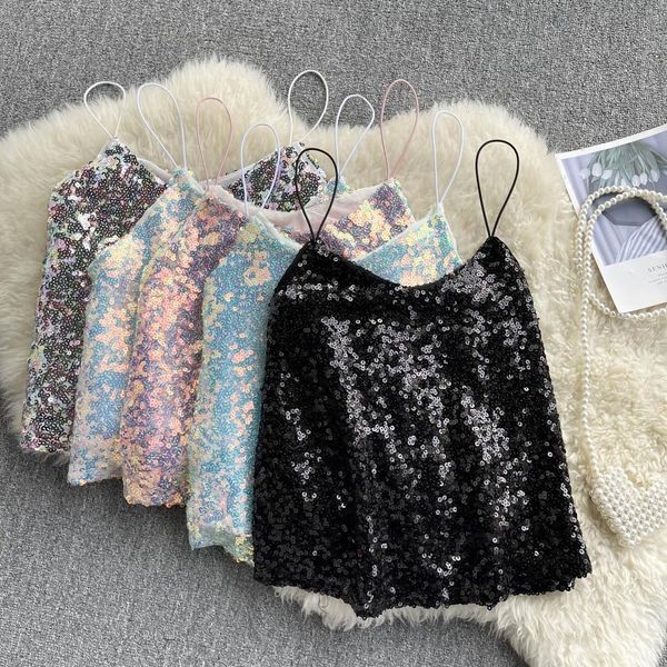 

t-shirt singreiny design shiny sequins strap women sleeveless v neck party y2k summer off shoulder korean short camisole, White
