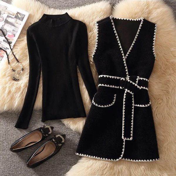 

vests korean belted midlength vest jacket women fall fashion design waistcoat and half turtleneck sweater chic vest suit 2 piece set, Black;white